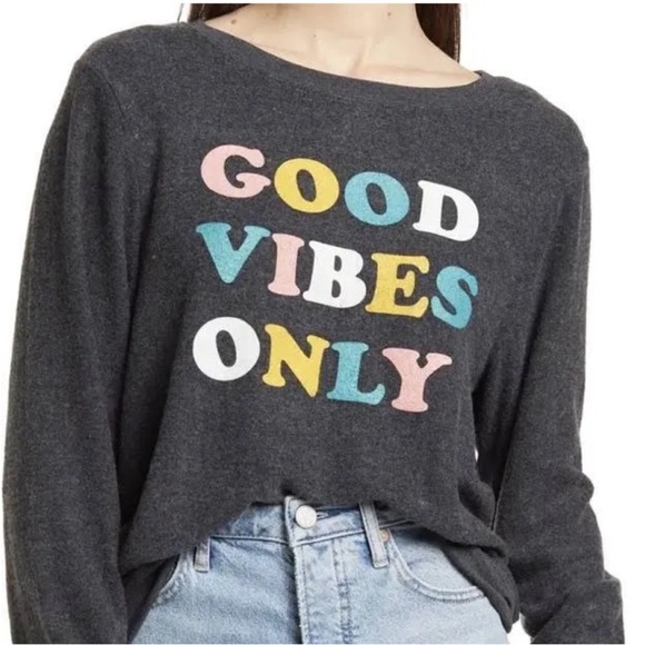Wildfox Sweatshirt Good Vibes Only Black Long Sleeves Boat Neck XL Lightweight - Picture 1 of 8